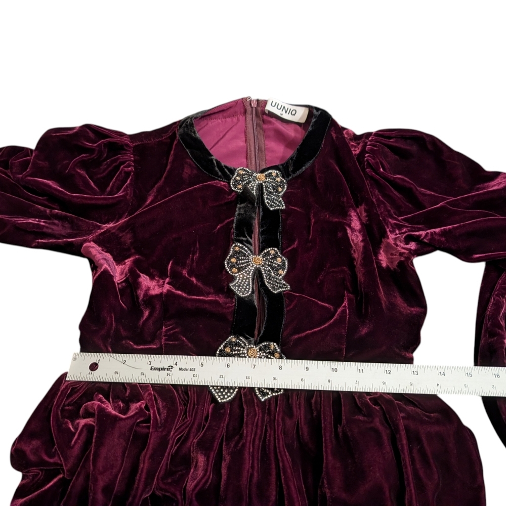 UUNIQ Burgundy Dress With Rhinestone Bows Midi Velvet The Great Gatsby Size Med - Picture 10 of 10